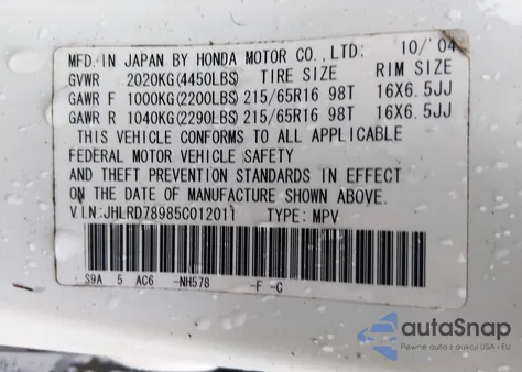 2005 Honda Cr-V Se z USA, uszkodzony, nr VIN JHLRD78985C012011